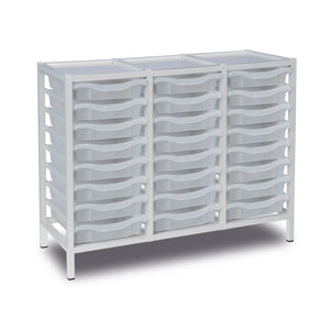 Metal storage trolley with three columns of transparent trays, 24 compartments, sturdy frame, and wheels for easy mobility.