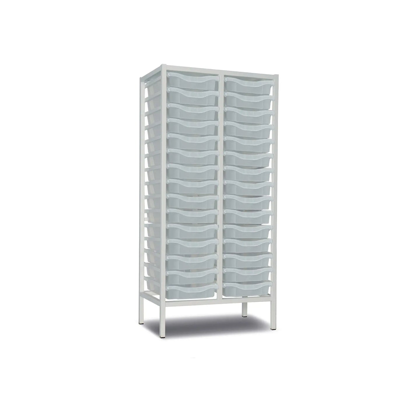 Monarch Furniture 30-tray tall double column metal storage trolley with transparent trays, white frame, W710 x D430 x H1495mm