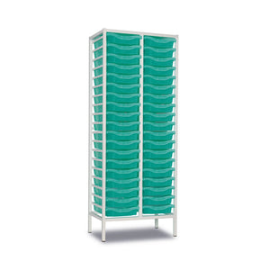 Metal storage trolley with 38 aqua green trays, double column design, tall static frame, Monarch Furniture, dimensions 710x430x1820mm