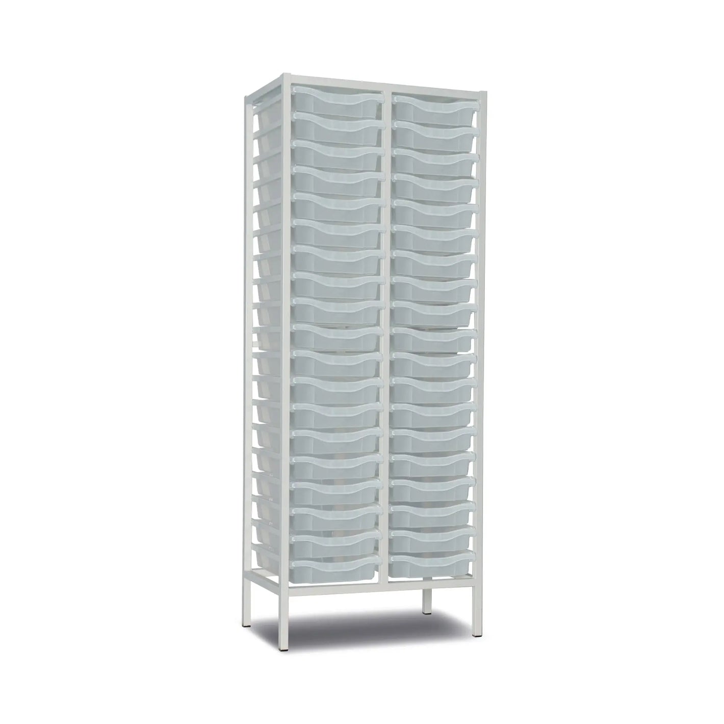 Tall metal storage trolley with 38 transparent trays, double column design, white finish, 1820mm height, by Monarch Furniture.