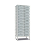 Tall metal storage trolley with 38 transparent trays, double column design, white finish, 1820mm height, by Monarch Furniture.