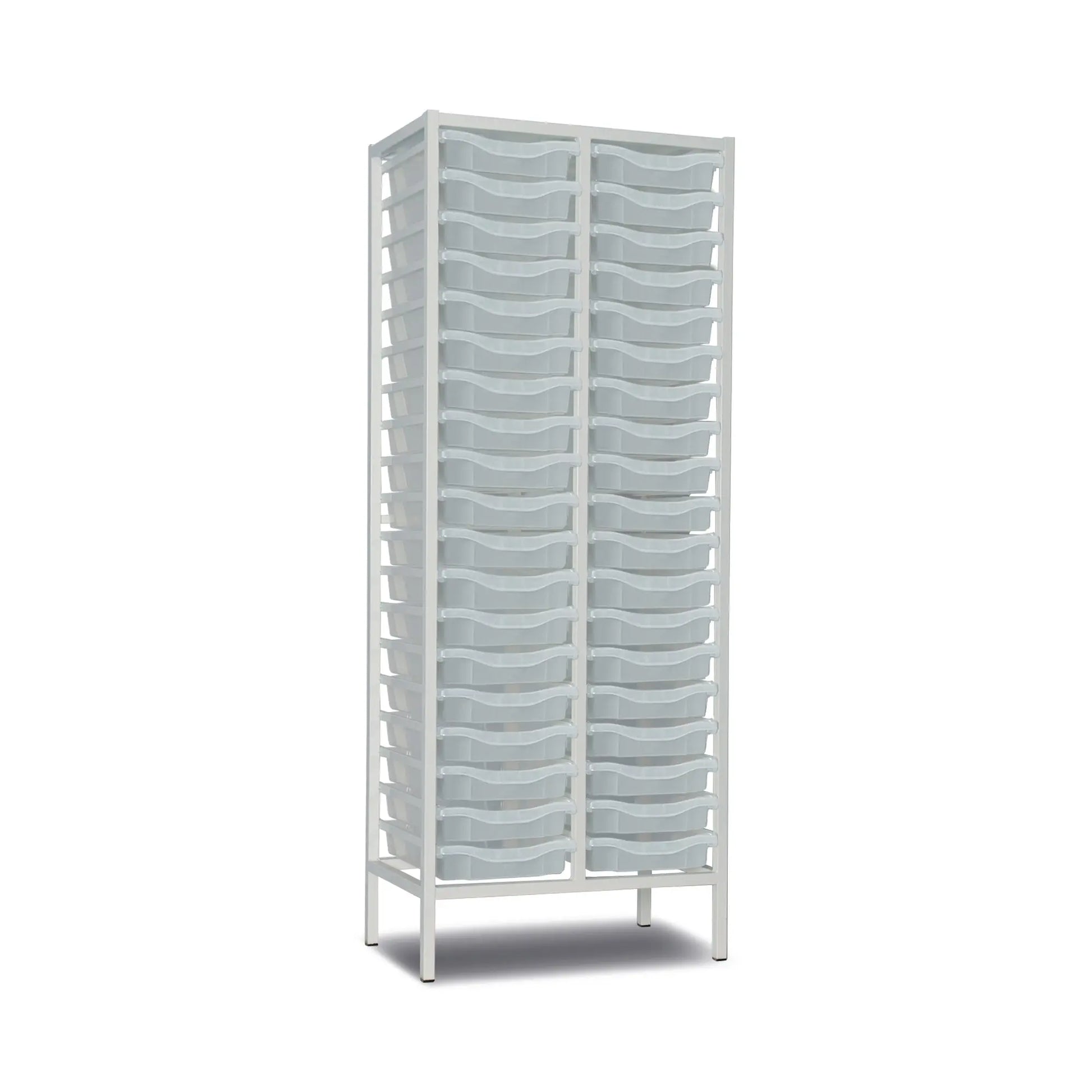 Tall metal storage trolley with 38 transparent trays, double column design, white finish, 1820mm height, by Monarch Furniture.