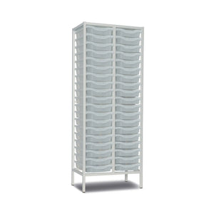 Tall metal storage trolley with 38 transparent trays, double column design, white finish, 1820mm height, by Monarch Furniture.