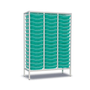 Triple column medical storage trolley with green plastic trays and white metal frame