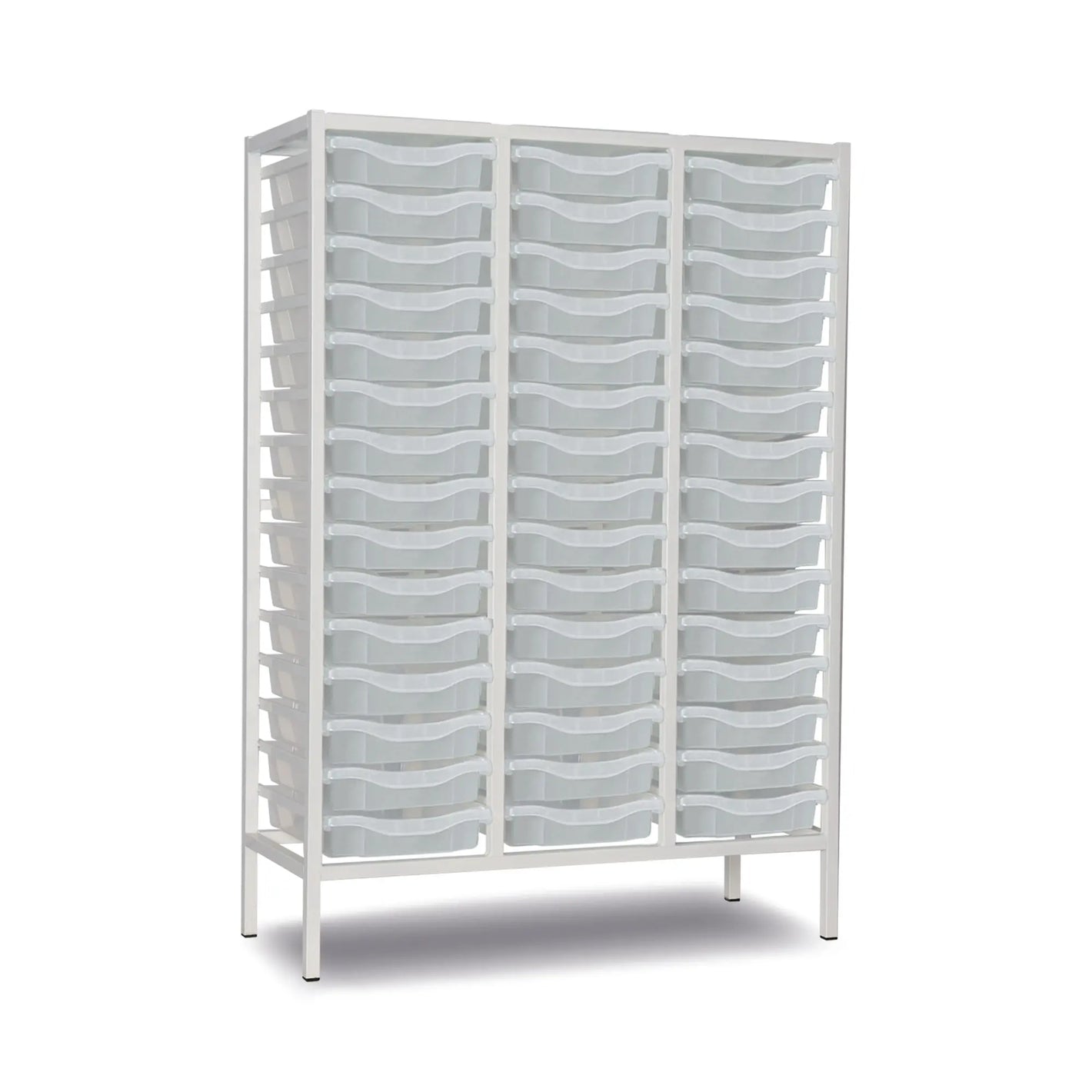 White metal medical storage unit with multiple transparent plastic drawers