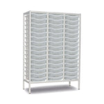 White metal medical storage unit with multiple transparent plastic drawers