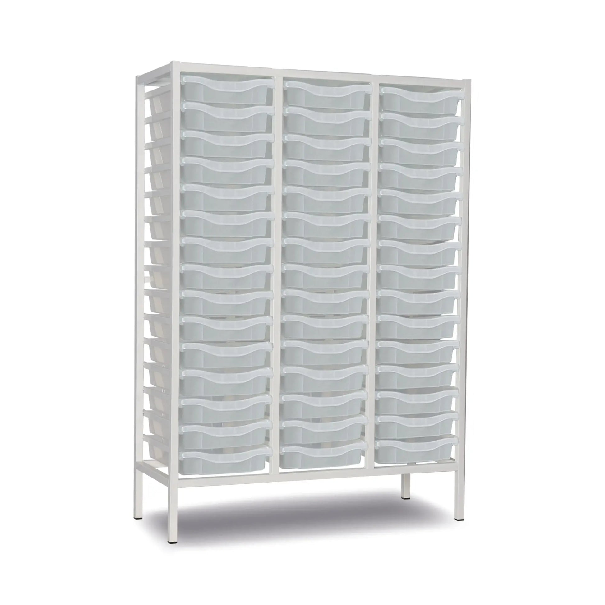 White metal medical storage unit with multiple transparent plastic drawers