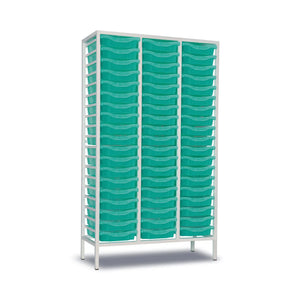 Tall white medical storage rack with multiple green plastic trays for organized medical supplies