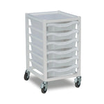 White medical storage trolley with five clear drawers and swivel caster wheels