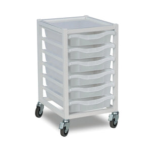 White medical storage trolley with five clear drawers and swivel caster wheels
