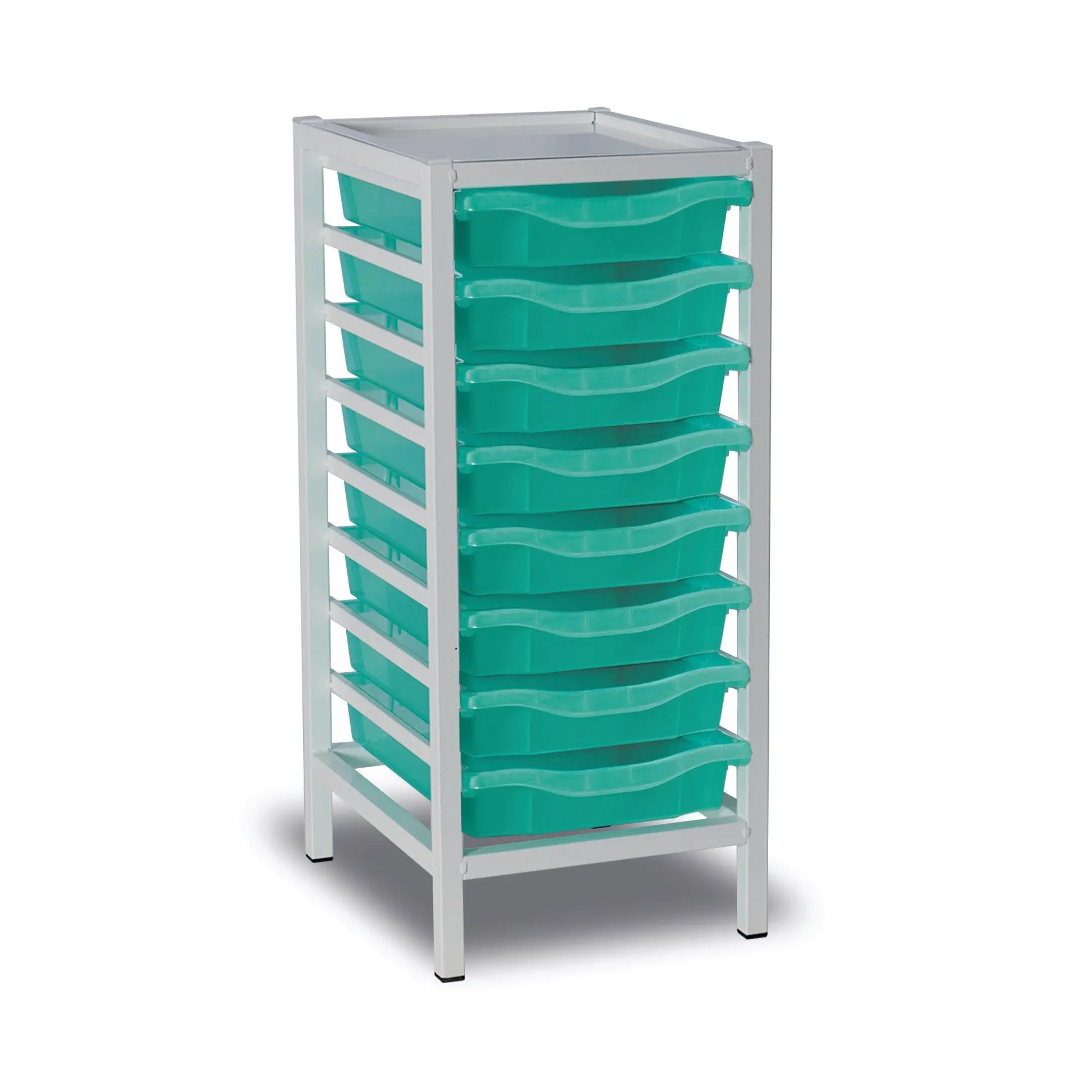 Medical storage trolley with eight green plastic drawers and a white metal frame