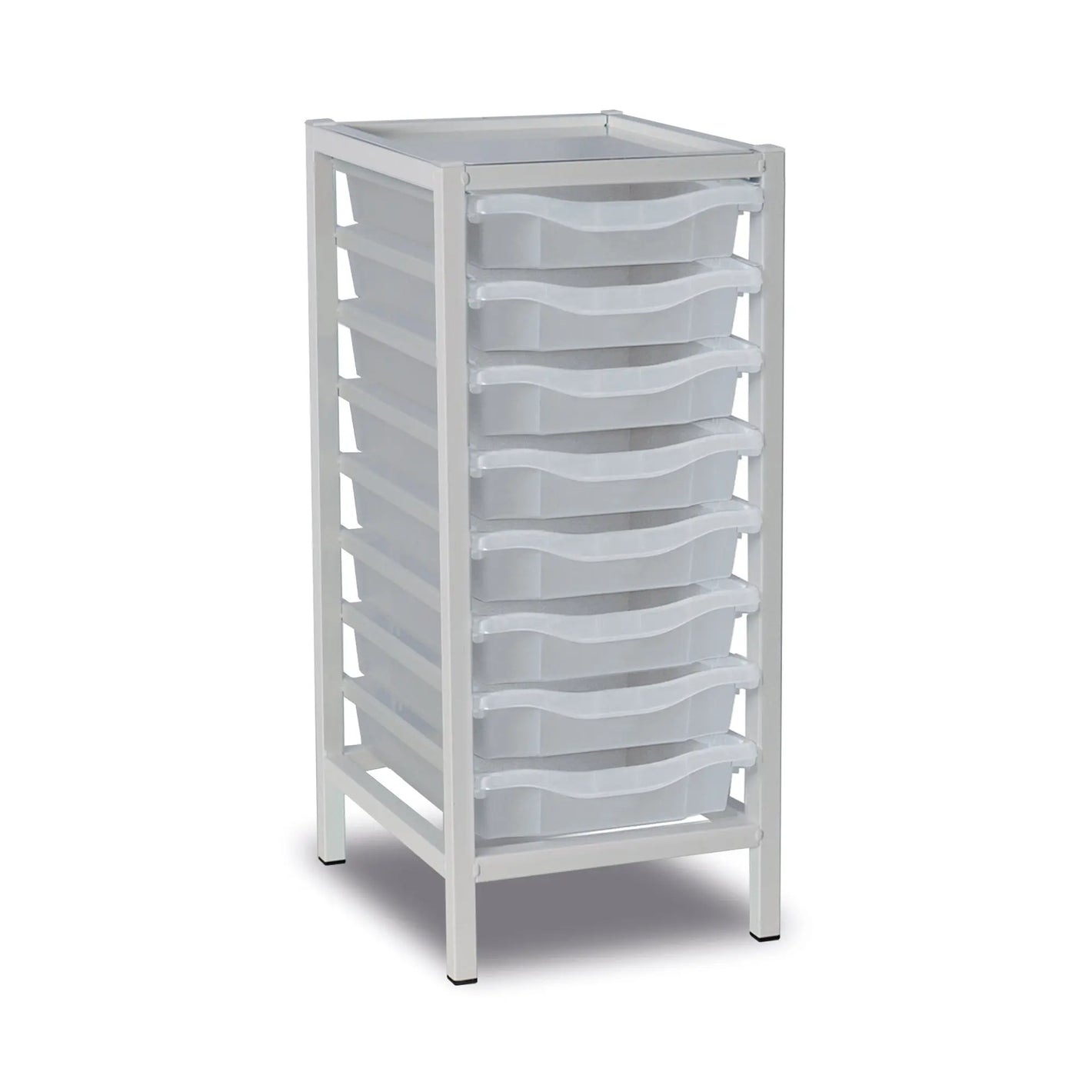 White medical storage trolley with seven transparent pull-out trays