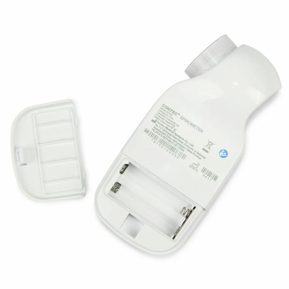 Ningbo Contec SP70B handheld spirometer with Bluetooth, showing digital display and mouthpiece for lung function testing.