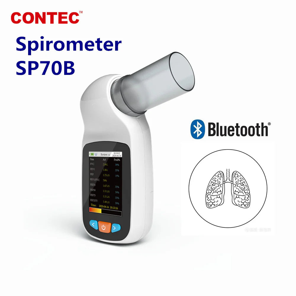 Ningbo Contec SP70B hand-held Bluetooth spirometer for lung health monitoring, compact device with digital display.