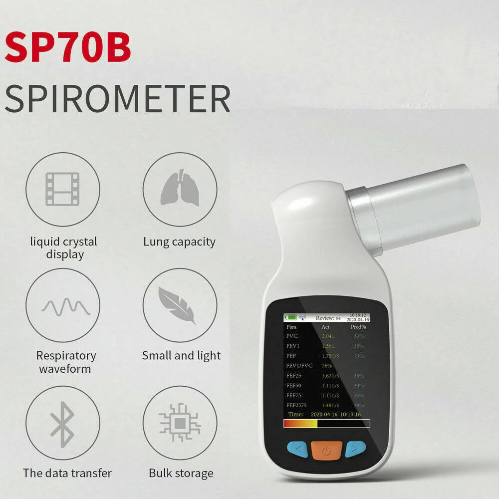 Ningbo Contec SP70B hand-held Bluetooth spirometer for lung monitoring, featuring a digital display and compact design.