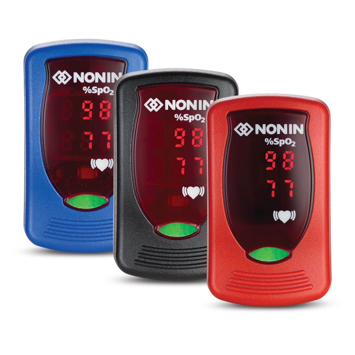 Nonin Onyx Vantage 9590 fingertip pulse oximeter in black blue and red