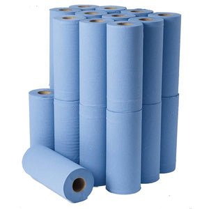 Blue 2-ply hygiene couch roll by Northwood, 40m length and 250mm width, shown in a tidy rolled bundle for medical or cleaning use.