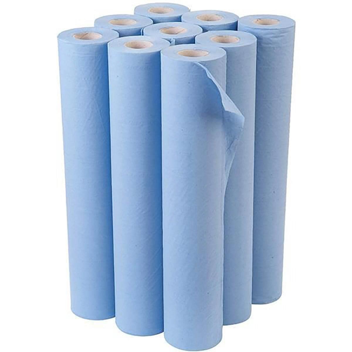 Blue 2-ply hygiene couch roll by Northwood, 40m length, 500mm width, 9 rolls, used for sanitation in medical or cleaning settings.