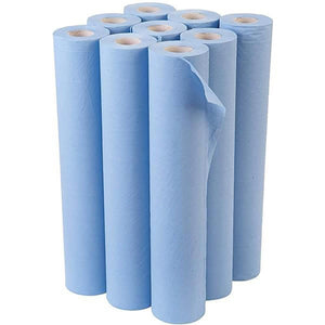 Blue 2-ply hygiene couch roll by Northwood, 40m length, 500mm width, 9 rolls, used for sanitation in medical or cleaning settings.