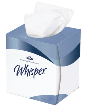 Northwood 2-ply white cube tissue boxes with 70 sheets each, 24-pack, featuring soft, durable tissue paper in a compact cube shape.