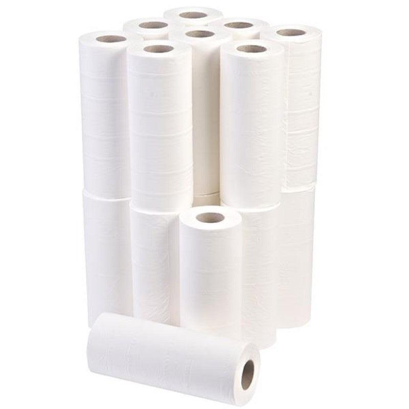 Northwood Essentials white 10-inch 2-ply couch roll, 40m x 250mm, stacked in case of 18 rolls, for commercial or hospitality use.
