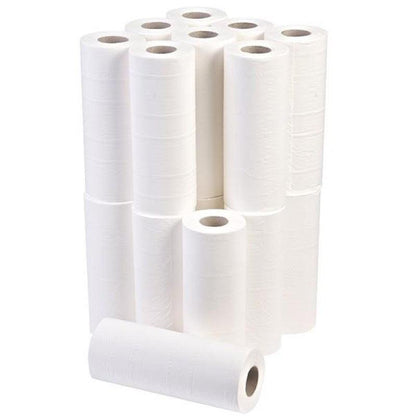 Northwood Essentials white 10-inch 2-ply couch roll, 40m x 250mm, stacked in case of 18 rolls, for commercial or hospitality use.