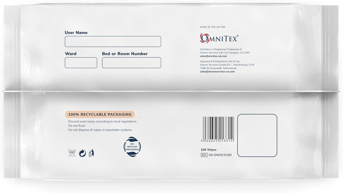 Omnitex OX-DWDCO100 back label with patient details area and disposal instructions
