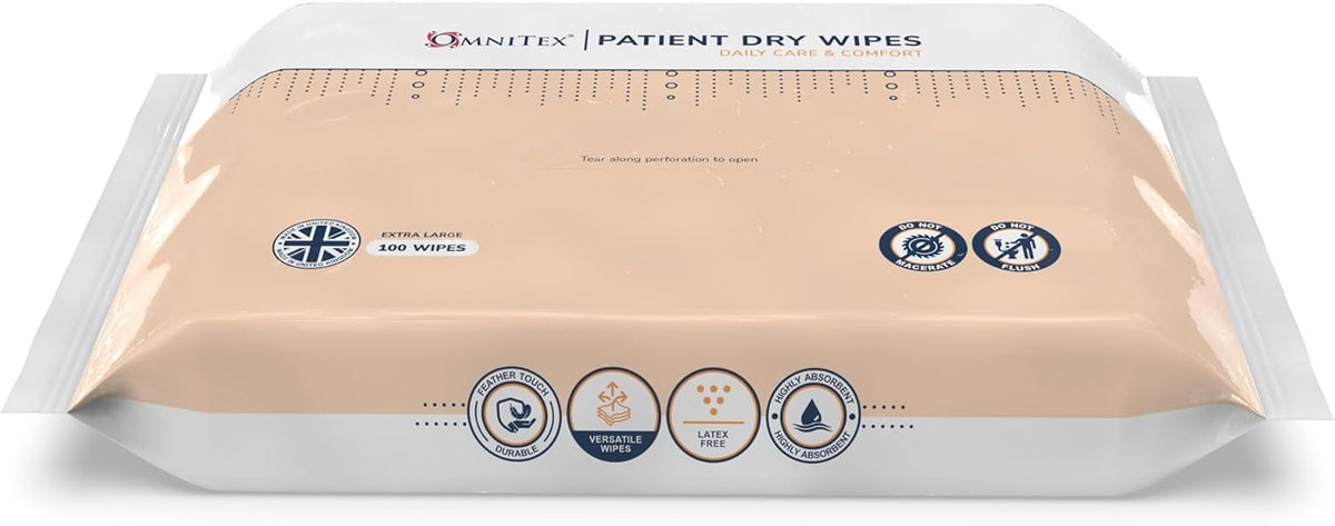Omnitex patient dry wipes pack showing latex-free and absorbency symbols