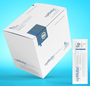 Box of 150 Optilube Zero 5g sachets by Optimum, single-use lubricant sachets with sleek packaging.