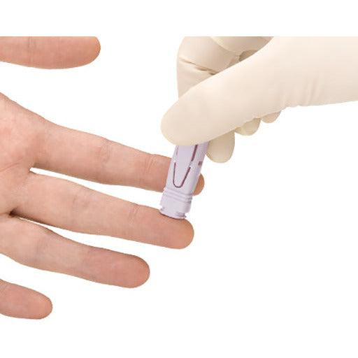 Owen Mumford UniStik 3 Extra 21G single-use safety lancet with 2.0mm depth for blood sampling, shown in a box of 100 units.