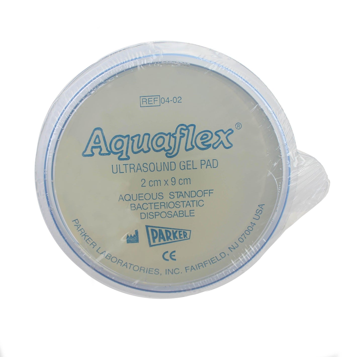 Aquaflex ultrasound gel pad by Parker Laboratories, 2cm x 9cm, shown in a close-up image.