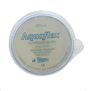 Aquaflex ultrasound gel pad by Parker Laboratories, 2cm x 9cm, shown in a close-up image.