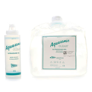 Aquasonic Clear ultrasound transmission gel 5-liter jar with dispenser by Parker Laboratories, used for medical ultrasound procedures.