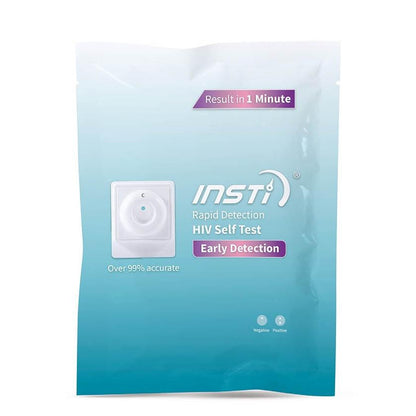 Pasante Insti HIV Self-Test Kit box with testing device and instructions for at-home HIV testing.