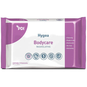 Hygea Bodycare Wipes flow wrap packaging by PDI, moist disposable wipes for personal hygiene and cleansing.