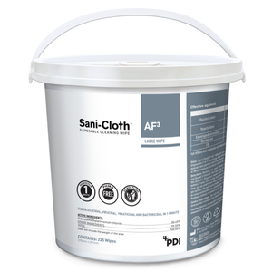 PDI Sani-Cloth AF³ Universal disinfectant wipe tub with 225 wipes, suitable for cleaning and disinfecting surfaces.