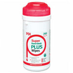 PDI Super Sani-Cloth Plus large canister with 200 disinfectant wipes, shown partially in the image.