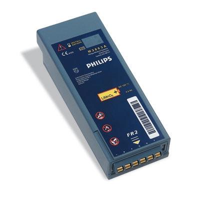 Philips Heartstart FR2 replacement defibrillator battery with long-life LiMnO2 cells, shown in a close-up view.
