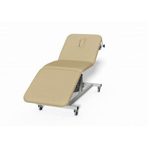 3-section hydraulic treatment couch by Plinth Medical with adjustable sections and padded surface for medical examinations.