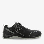 Black Flow Low unisex safety shoes with twist lock closure by PLS Medical, featuring a durable design and slip-resistant soles.