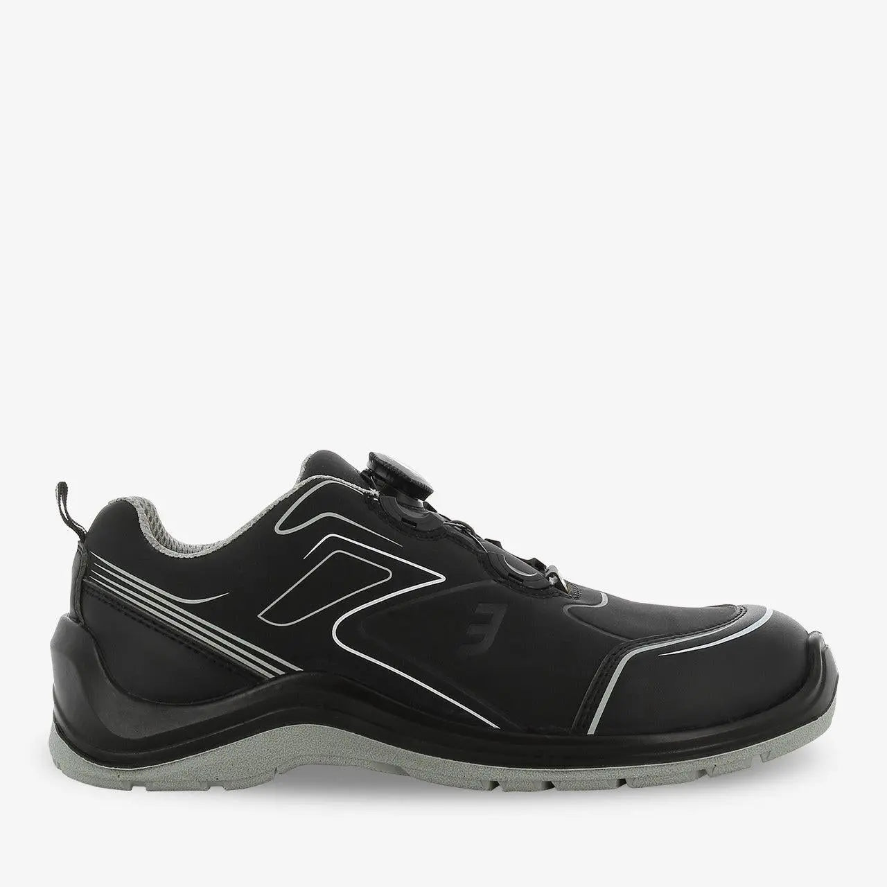 Black Flow Low unisex safety shoes with twist lock closure by PLS Medical, featuring a durable design and slip-resistant soles.