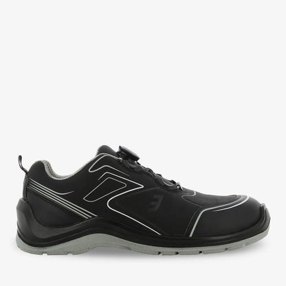 Black Flow Low unisex safety shoes with twist lock closure by PLS Medical, featuring a durable design and slip-resistant soles.