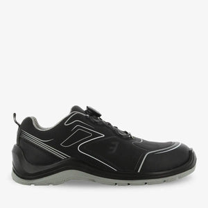 Black Flow Low Unisex Safety Shoes with Twist Lock by PLS Medical, featuring sturdy construction and secure fastening.