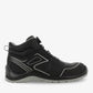 Black Flow Mid S3 unisex safety shoes with twist lock by PLS Medical, featuring sturdy design and safety features.
