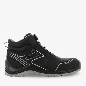 Black Flow Mid S3 unisex safety shoes with twist lock by PLS Medical, featuring sturdy design and safety features.