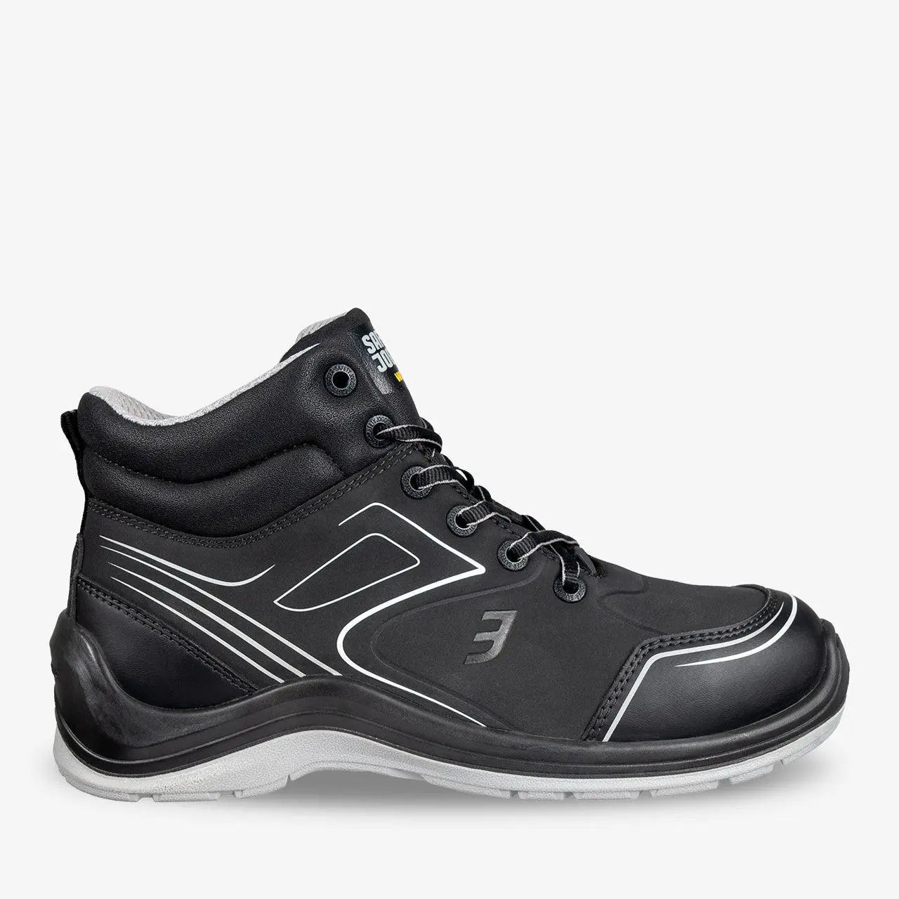 Black Flow Mid Unisex Lace-up Safety Boot by PLS Medical with sturdy leather upper and non-slip sole, designed for safety and durability.