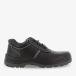 Black Aura S3 SRC metal-free unisex safety shoe by PLS Medical showing durable leather upper and slip-resistant sole.