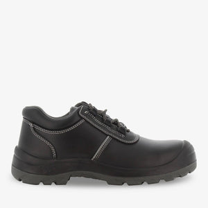Black Aura S3 SRC metal-free unisex safety shoe by PLS Medical showing durable leather upper and slip-resistant sole.