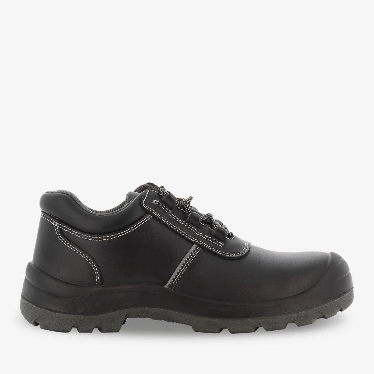 Black Aura S3 SRC metal-free unisex safety shoe by PLS Medical, with reinforced toe and slip-resistant sole, designed for safety and comfort.