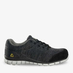 Unisex Morris safety trainer by PLS Medical in black and grey with protective toe cap and slip-resistant sole, shown in side view.